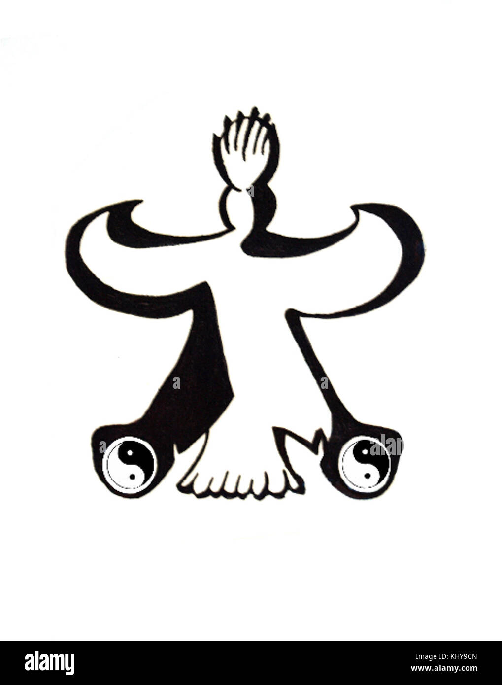 Une image dynamique d'un faucon, représentée à côté du symbole du Yin et du Yang. Le faucon représente la force et la vision, tandis que le Yin et le Yang signifient l'équilibre et l'harmonie dans la philosophie orientale. Banque D'Images