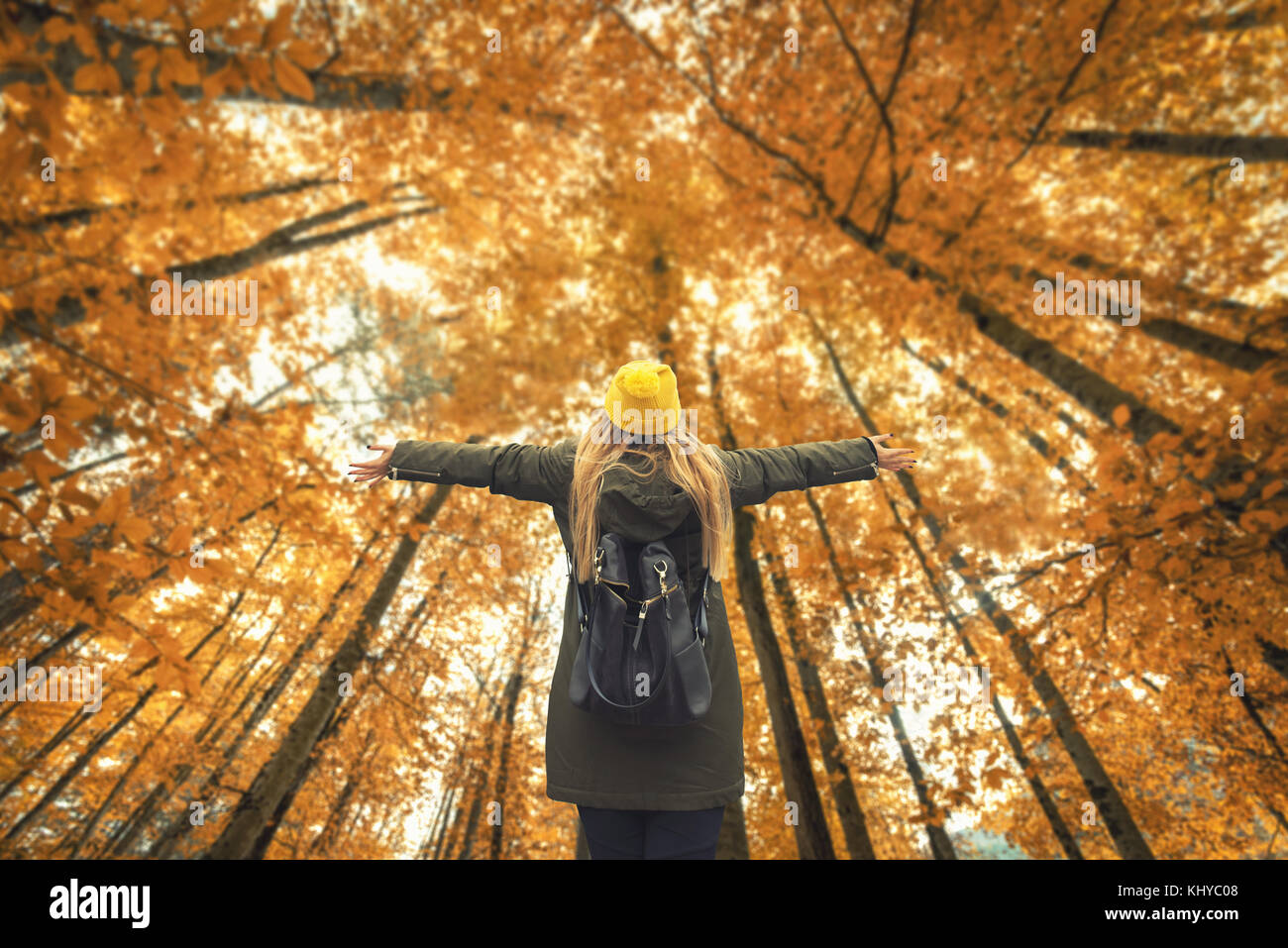 Blonde woman traveler et les arbres d'automne en forêt Banque D'Images