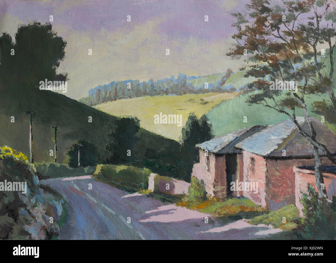 Maisons au bord d'un petit village à la campagne à côté d'une route. Peinture à l'huile illustration Banque D'Images