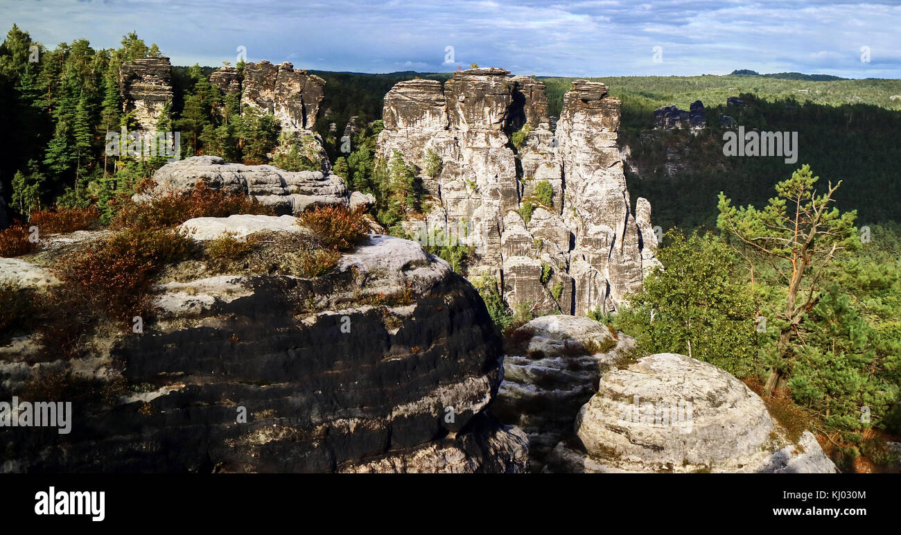 L'Europe, l'Allemagne, la Saxe, Réserve nationale Saechsische Schweiz, des montagnes de grès de l'Elbe, la Bastei ; Le Parc National de la Suisse saxonne Banque D'Images