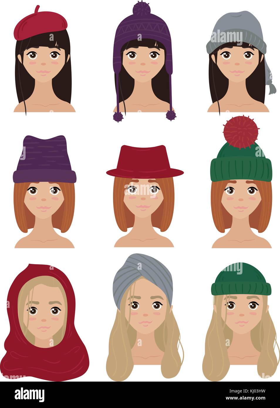 Jeu de caractères de femmes élégantes chapeaux d'hiver Illustration de Vecteur
