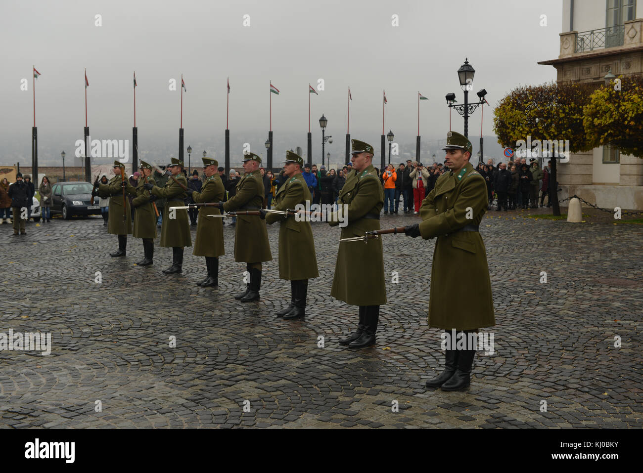 Budapest, Hongrie - le 28 novembre 2014 Cérémonie de l'évolution. près de gardes du palais présidentiel à Budapest, Hongrie. Banque D'Images