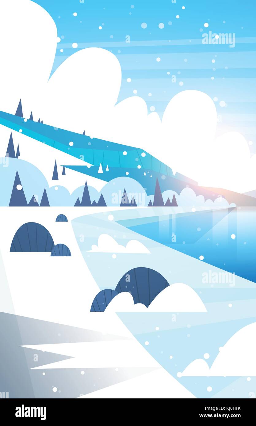 Paysage d'hiver rivière gelée et collines de chute de neige en montagne Illustration de Vecteur