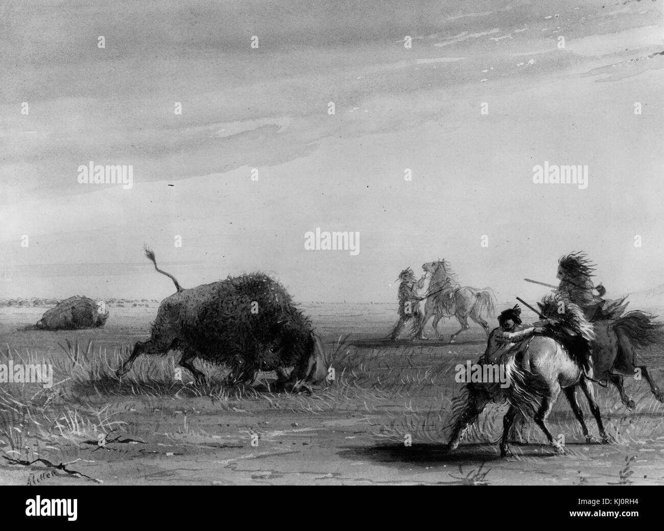 Une peinture d'Alfred Jacob Miller représentant une scène dramatique d'un buffle se retournant sur ses poursuivants, mettant en valeur l'ouest américain du XIXe siècle Banque D'Images