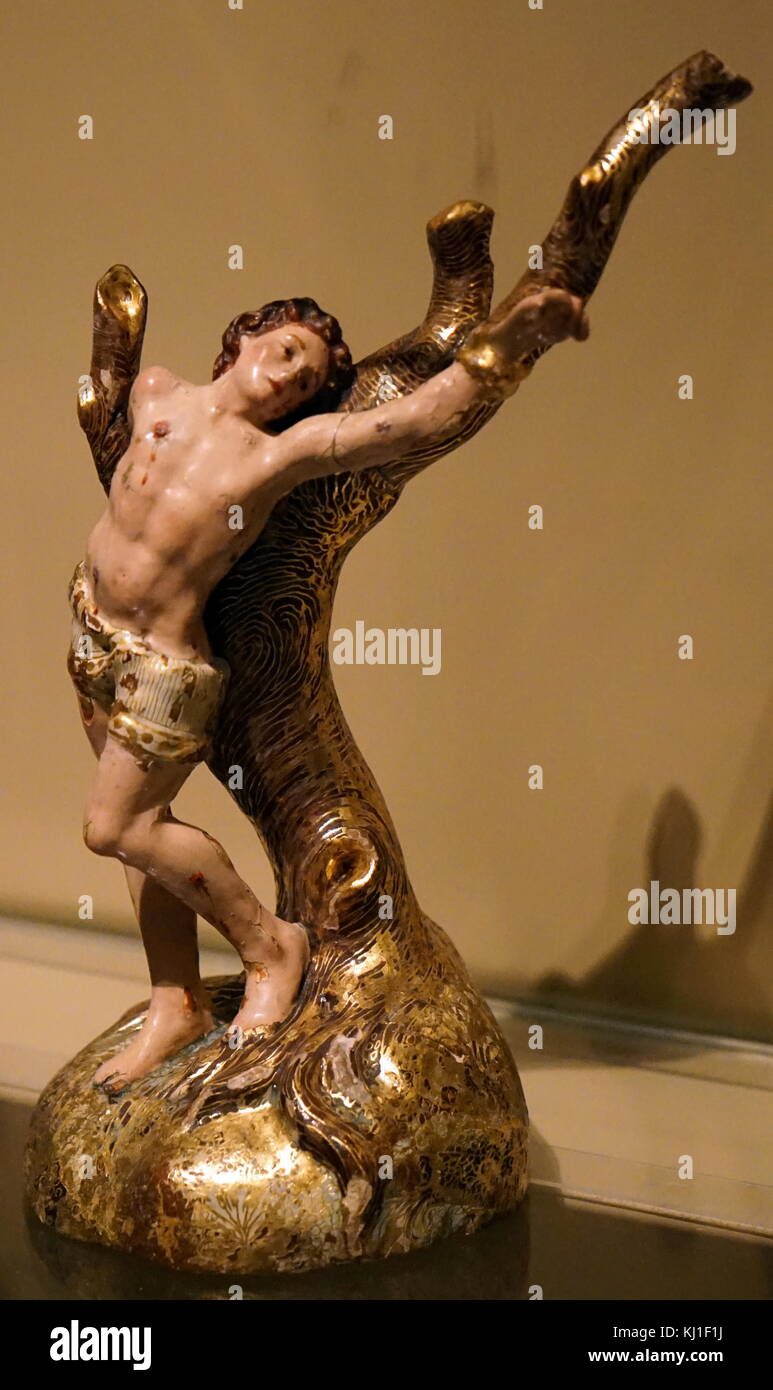 St Sebastian, statuette ; à propos de 1700-50. La décoration polychrome, doré sur buis. L'espagnol ; Espagne (Castille) Banque D'Images