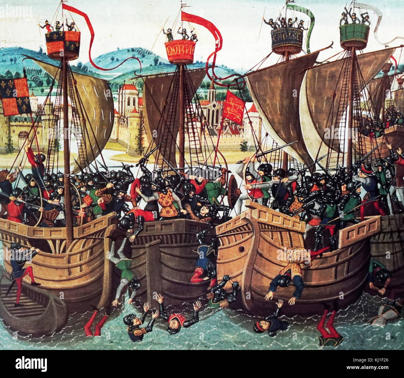 Bataille de Sluys, également appelée bataille de l'Ecluse, bataille de la mer ; 24 juin 1340. L'un des conflits d'ouverture de la guerre de Cent Ans entre la France et l'Angleterre. miniature de la bataille de Jean Froissart, Chroniques du 15e siècle Banque D'Images