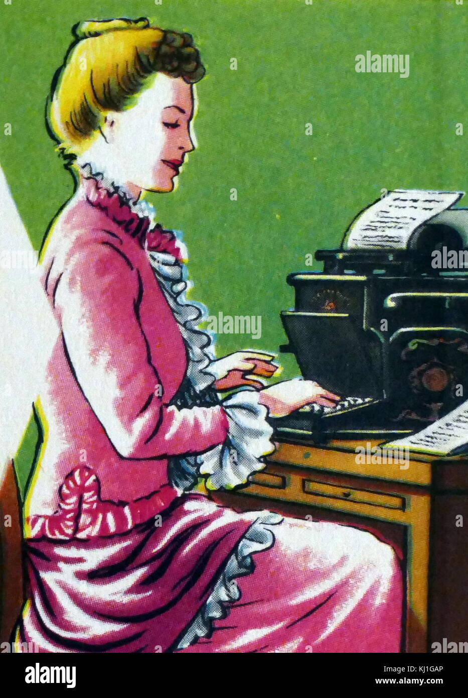 1950 English illustration représentant une époque édouardienne (1900-1910) femmes dactylo ou secrétaire tapant sur une machine à écrire Banque D'Images