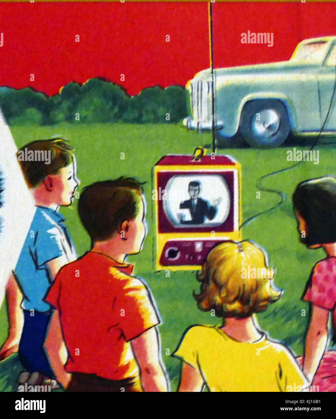 1950 English illustration représentant une télévision portable alimenté à partir d'une voiture Banque D'Images 1950 English illustration représentant une télévision portable alimenté à partir d'une voiture Banque D'Images