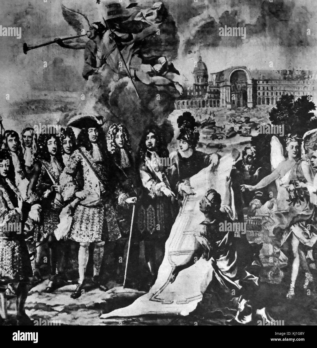 Le roi Louis XIV traite de la construction des Invalides. Tapisserie royale du Gobelins. Louis XIV (1638 - 1715), connu sous le nom de Louis le Grand (Louis le Grand) ou le Roi Soleil le Roi-Soleil), était un monarque de la Maison de Bourbon qui régna comme roi de France de 1643 jusqu'à sa mort en 1715 Banque D'Images