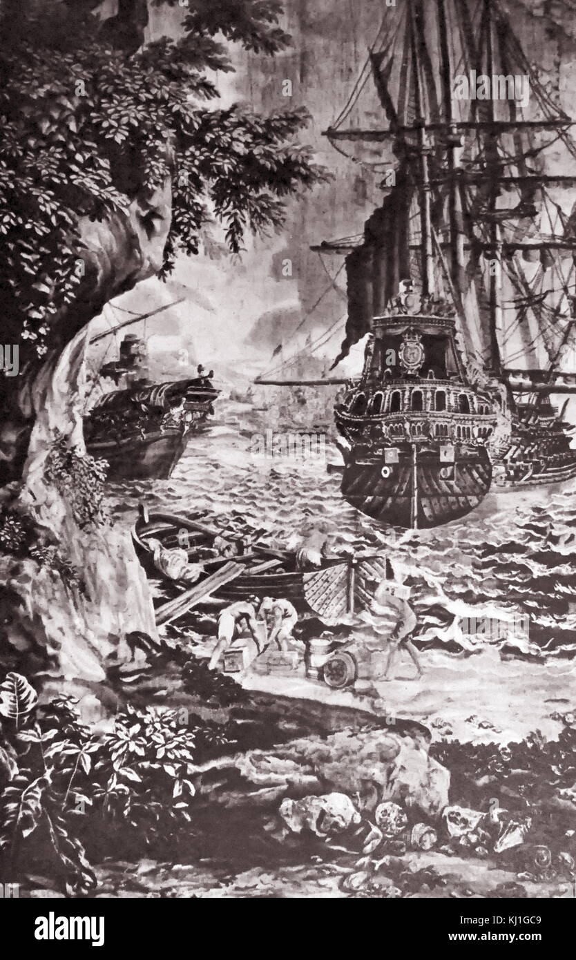 Un navire marchand du 18ème siècle est représenté dans une tapisserie royale du Gobelins. Circa 1720 Banque D'Images