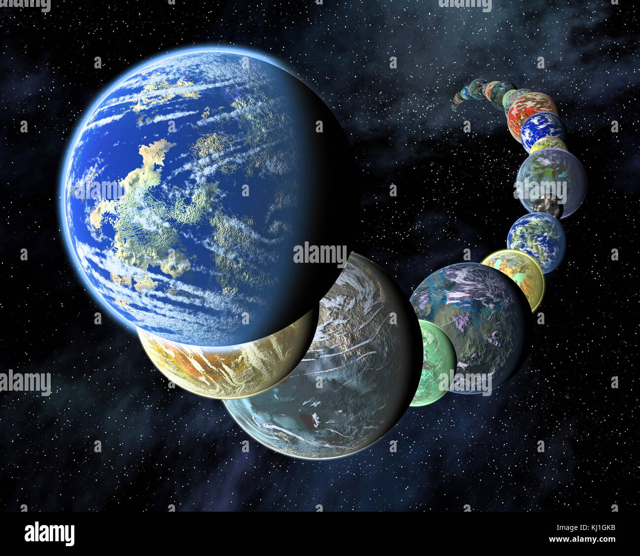 Exo-planètes dans un montage, concept de l'artiste de montrer que rocky, mondes terrestres comme les planètes de notre système solaire, peut être abondant et diversifié, dans l'Univers. Banque D'Images