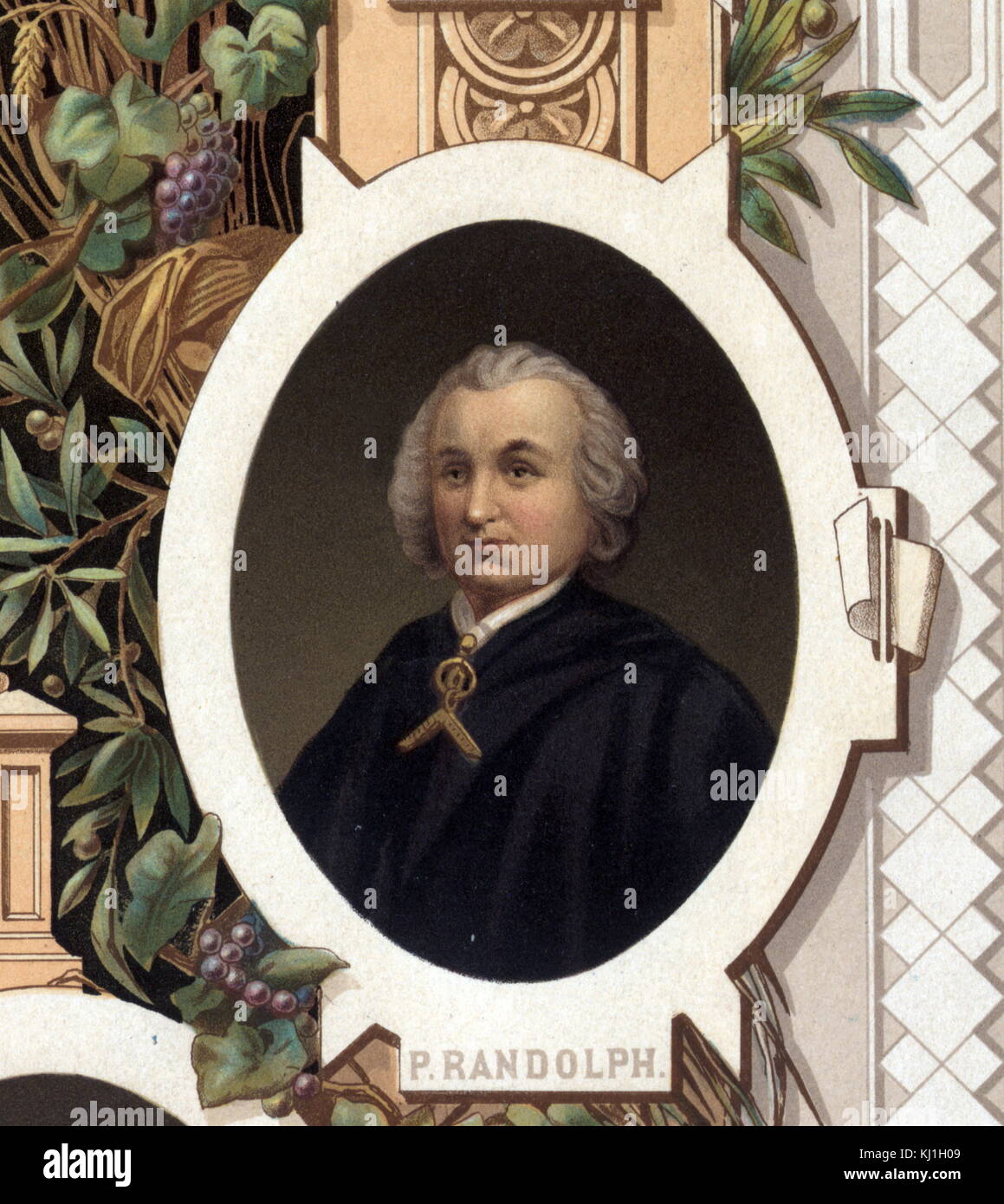 Peyton Randolph (Septembre 10, 1721 - Octobre 22, 1775) était un semoir et agent de la fonction publique à partir de la colonie de Virginie. Il a servi comme président de la Chambre des bourgeois de Virginie, président de Virginie, conventions et le premier président du Congrès Continental. Prises d'une illustration de 1800 intitulé 'Distinguished maçons de la révolution" Banque D'Images