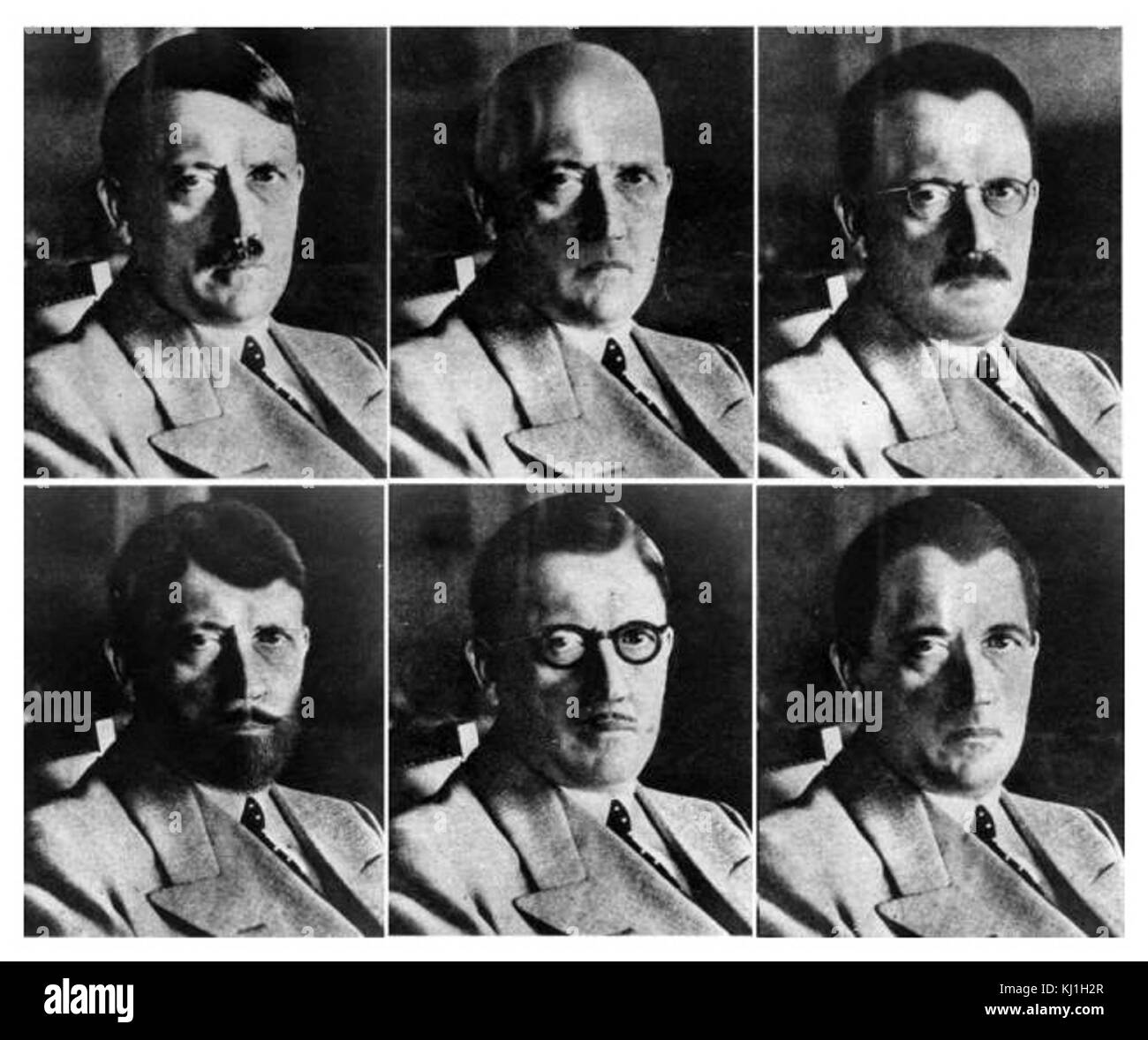 La ressemblance de la photo ont été produits en 1944 par le US Office of Strategic Services (OSS), l'agence de renseignement en temps de guerre pour montrer comment Hitler pourrait être déguisé dans le but d'escaper. La première est une véritable photo d'Adolf Hitler et les cinq autres, ont été faites par Eddie Senz, New York une make-up artist, pour l'OSS, le 6 juin 1944. Les théories du complot à propos de la mort d'Adolf Hitler en contradiction avec le fait qu'Adolf Hitler se suicide dans son Führerbunker le 30 avril 1945. Banque D'Images