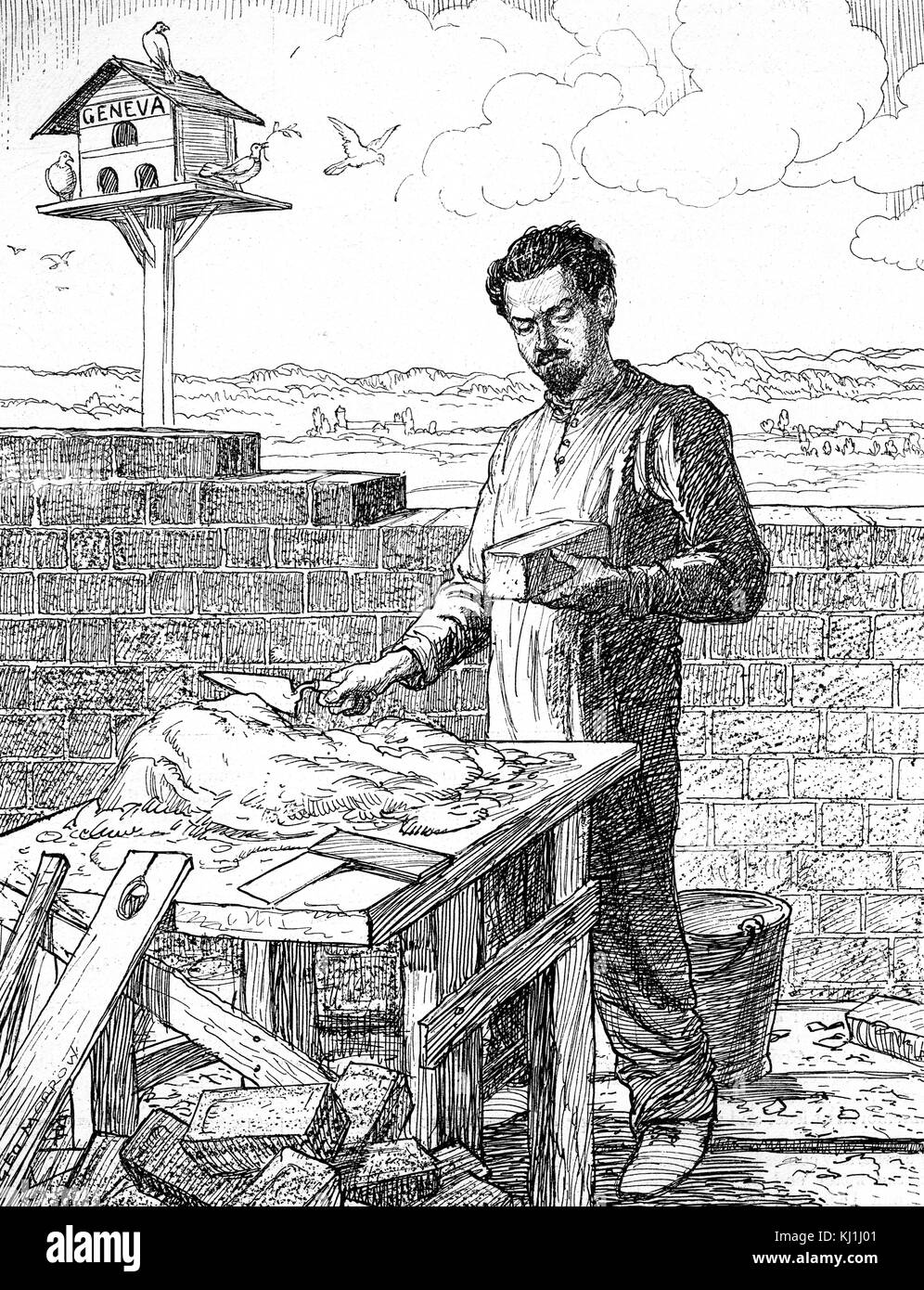 Italo Balbo représentant satirique (1896-1940) un Italien Blackshirts, chef de l'Italie du Maréchal de l'Armée de l'air, Gouverneur général de la Libye, commandant en chef de l'Afrique du Nord Italienne et 'Héritier' de dictateur italien Benito Mussolini. Balbo est montré la construction d'un mur pour se protéger du Genève Colombes. Illustré par George Morrow (1869-1955) un dessinateur et illustrateur de livres. En date du 20e siècle Banque D'Images