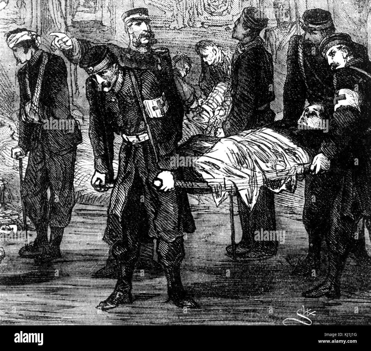 Gravure représentant la Croix-Rouge collecte les blessés français pendant la guerre franco-prussienne. En date du 19e siècle Banque D'Images