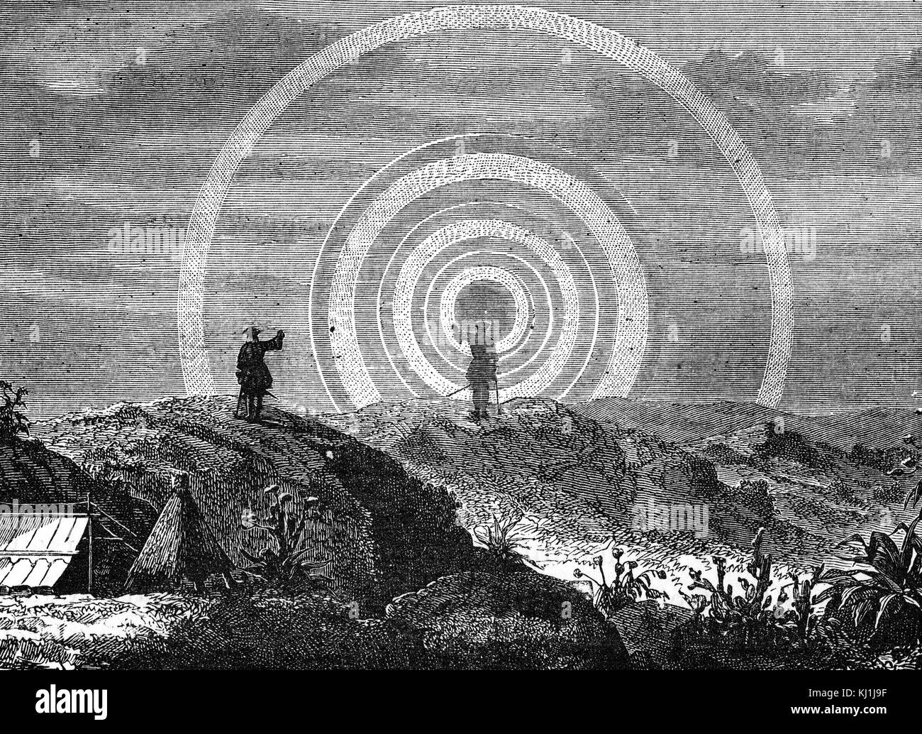 Gravure représentant un halo solaire. Un halo solaire apparaît lorsque de minuscules cristaux de glace dans l'atmosphère, sont les lunettes et qui reflète la lumière du soleil. En date du 19e siècle Banque D'Images