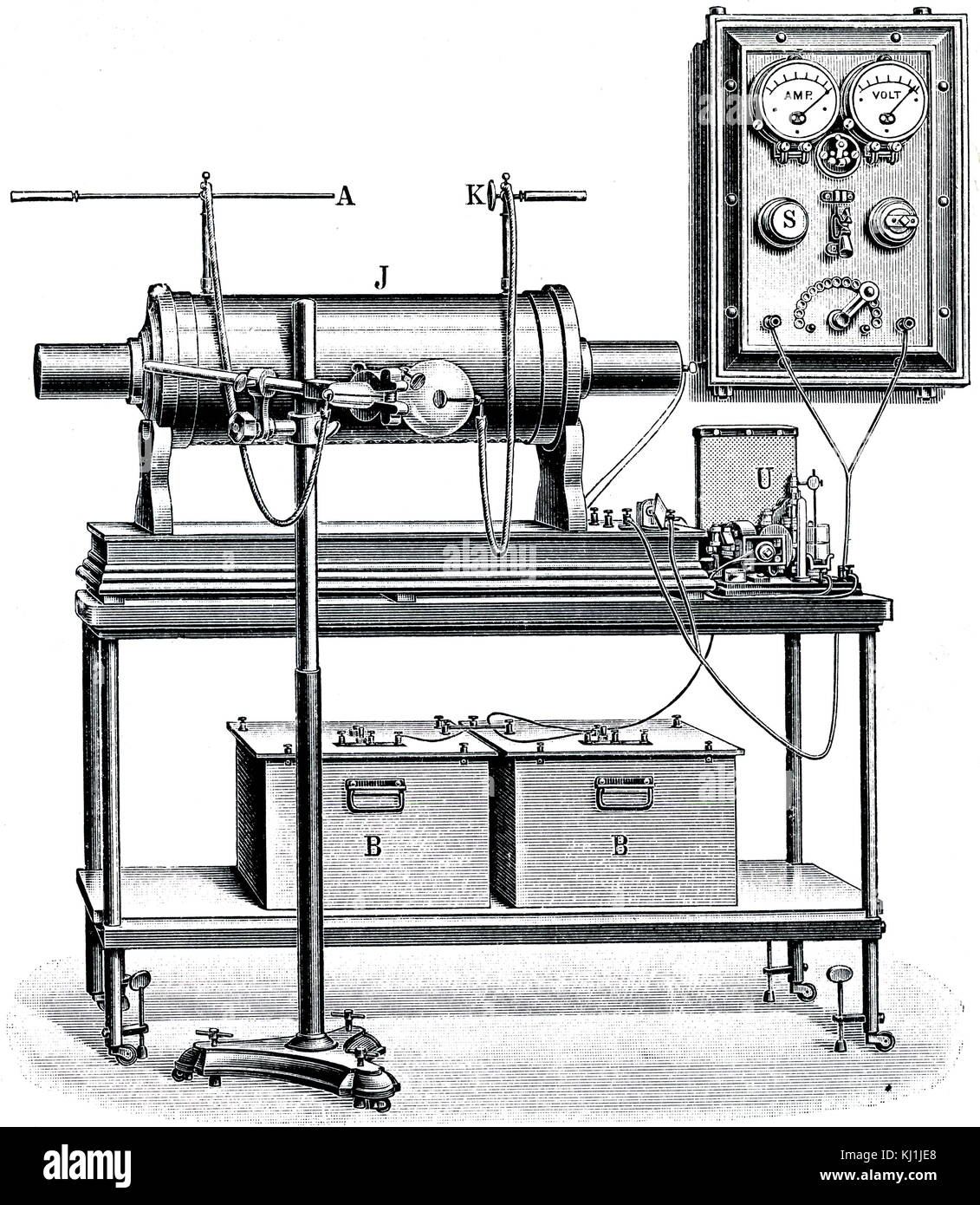 Gravure représentant une vue générale de l'appareil à rayons x alimenté par piles humides. En date du 20e siècle Banque D'Images