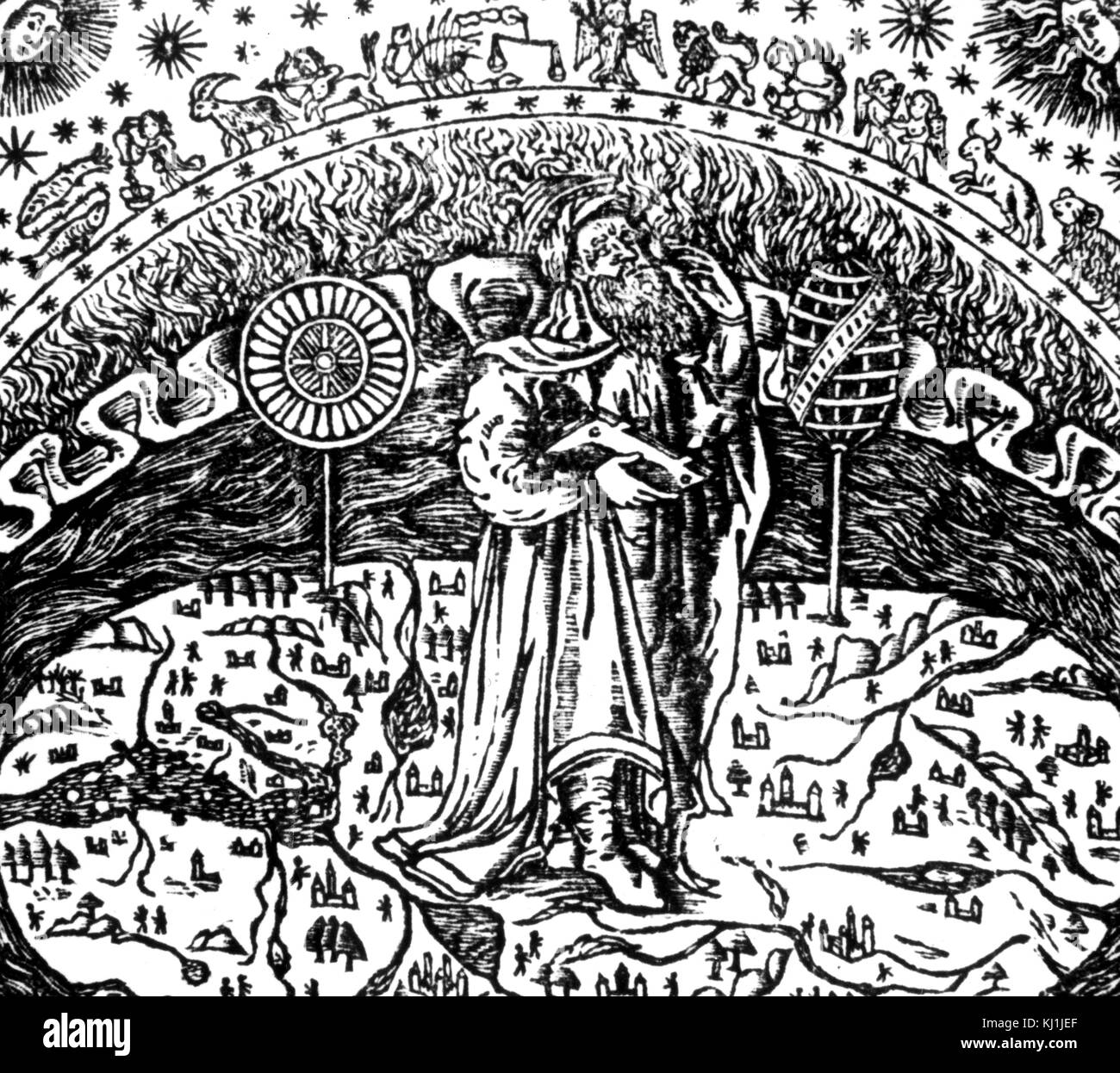 Illustration grecque représentant les quatre éléments, terre, air, eau et feu, entouré par la coupole des étoiles fixes. Également sur la photo est l'Arabette de concept d'une terre plate flottant sur l'eau. La figure centrale de l'image représente Archimède. En date du 16e siècle Banque D'Images