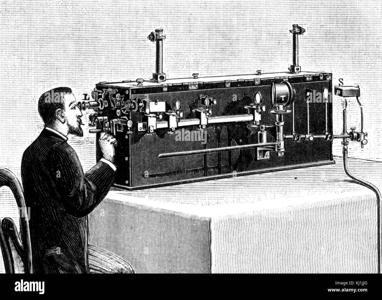 Gravure représentant Albert A. Michelson Interferometer est utilisé pour mesurer la vitesse de la lumière. Albert A. Michelson (1852-1931), un physicien américain. En date du 19e siècle Banque D'Images