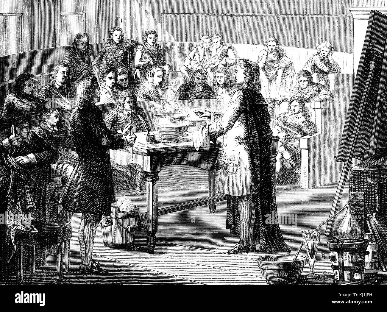 Gravure représentant Joseph Black conférences sur la chaleur latente à l'Université de Glasgow. Joseph Black (1728-1799) un médecin et chimiste écossais. En date du 18e siècle Banque D'Images