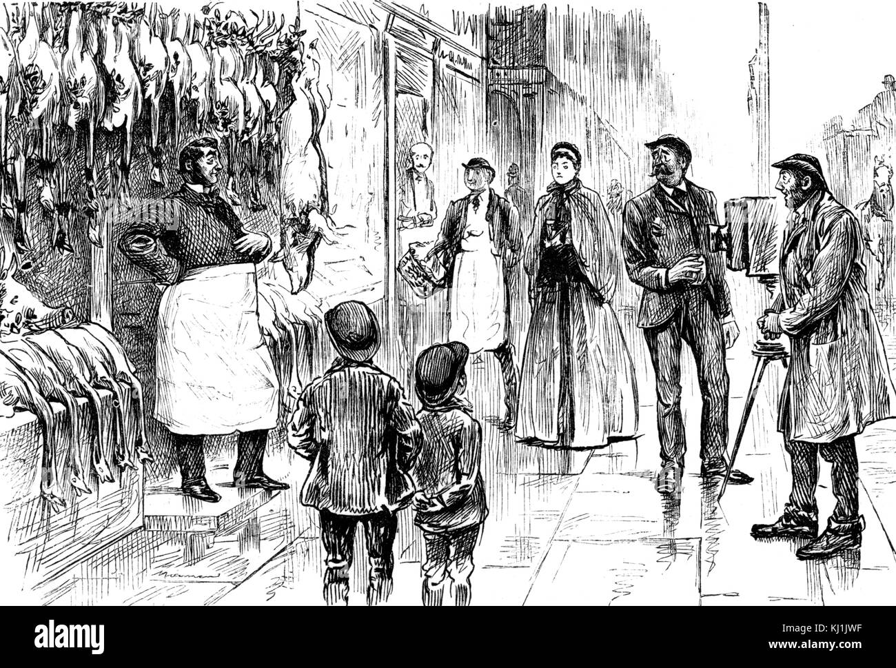 Gravure représentant un boucher et poulterer photographié devant son écran de Noël par George du Maurier. George du Maurier (1834-1896), un caricaturiste franco-britannique et l'auteur. En date du 19e siècle Banque D'Images