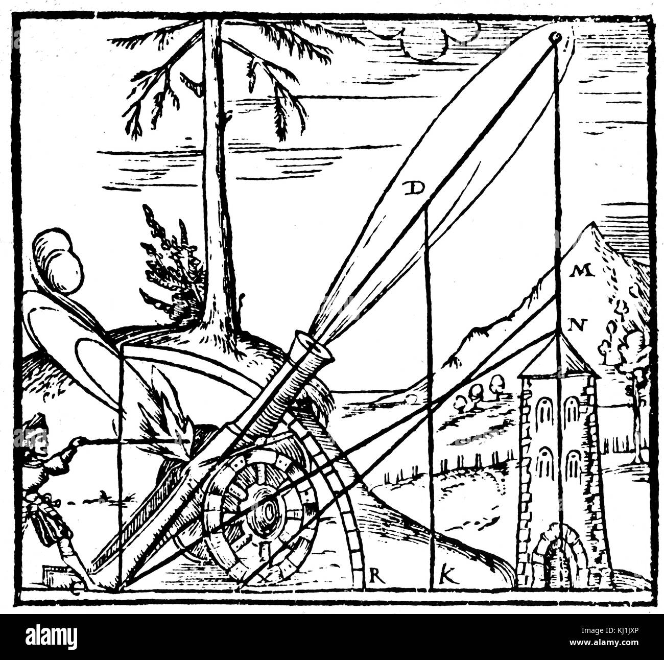 Gravure illustrant le concept aristotélicien de la trajectoire du projectile. Depuis qu'il croyait pas d'organe pourrait entreprendre plus d'une motion à la fois, le chemin devait se composer de deux motions distinctes dans une ligne droite. Aristote (384 BC-322 BC) un philosophe et scientifique. En date du 16e siècle Banque D'Images