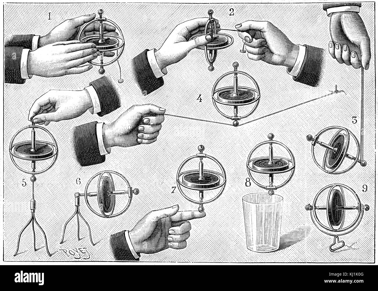 Gravure représentant un gyroscope, un dispositif formé d'une roue ou d'un disque monté de sorte qu'il peut rapidement tourner autour d'un axe qui est lui-même libre de changer d'orientation. En date du 19e siècle Banque D'Images