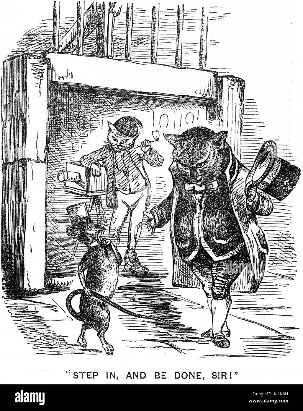 Cartoon commentant la popularité de fly-by-night photographes qui viseraient à encaisser dedans sur la façon d'avoir sa photo prise. En date du 19e siècle Banque D'Images