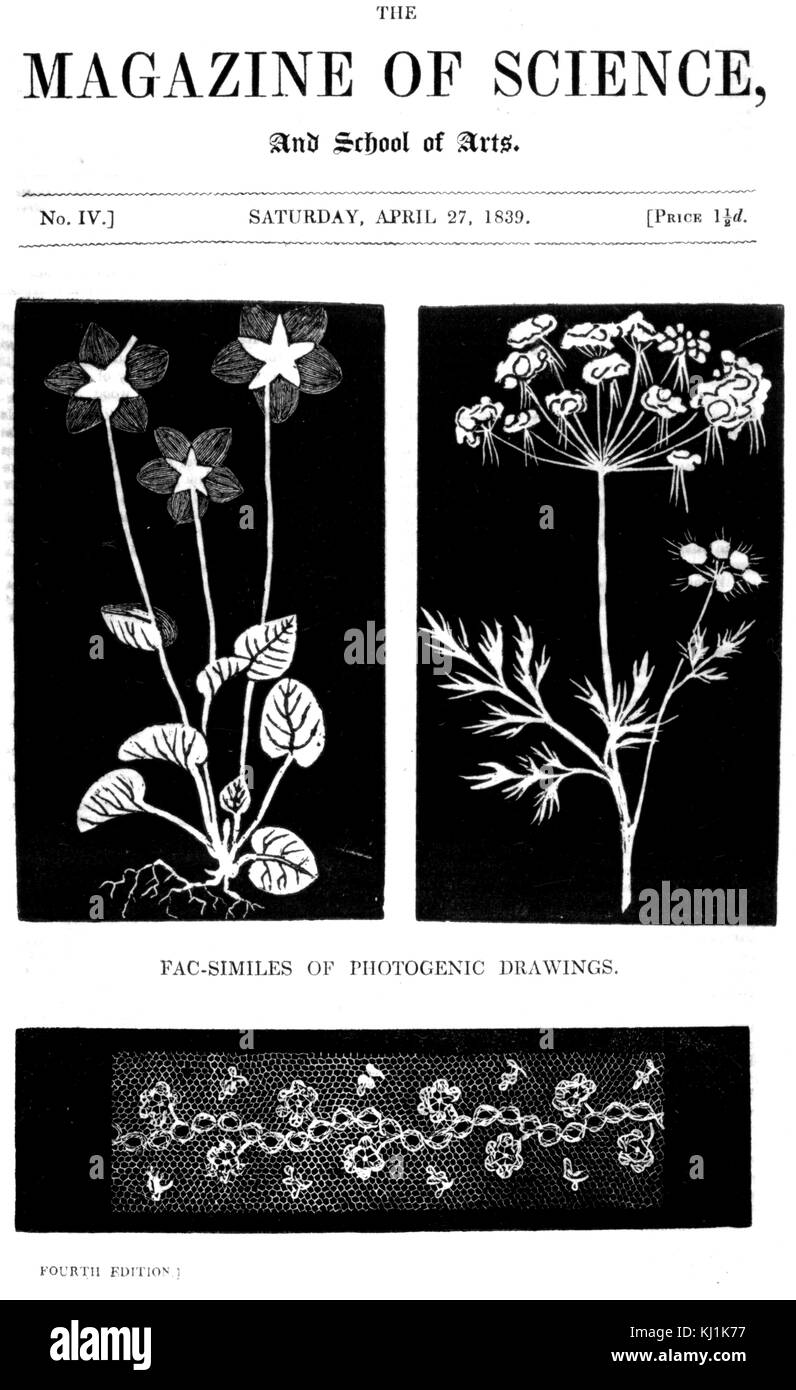 Gravure illustrant la page de titre du magazine de la Science, montrant des reproductions de photos prises par Fox-Talbot's 'dessin photogénique". En date du 19e siècle Banque D'Images
