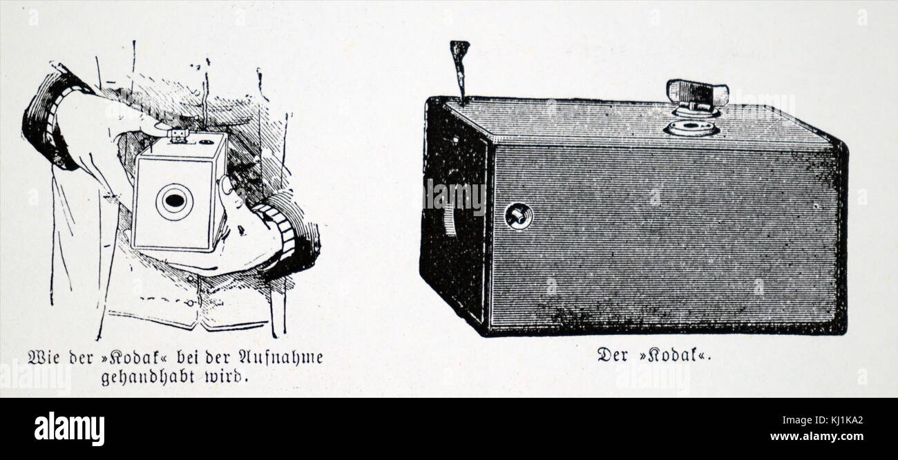 Gravure représentant une boîte Kodak Eastman qui a utilisé le rouleau de film négatif. George Eastman (1854-1932), un entrepreneur américain qui a fondé la société Eastman Kodak. En date du 19e siècle Banque D'Images