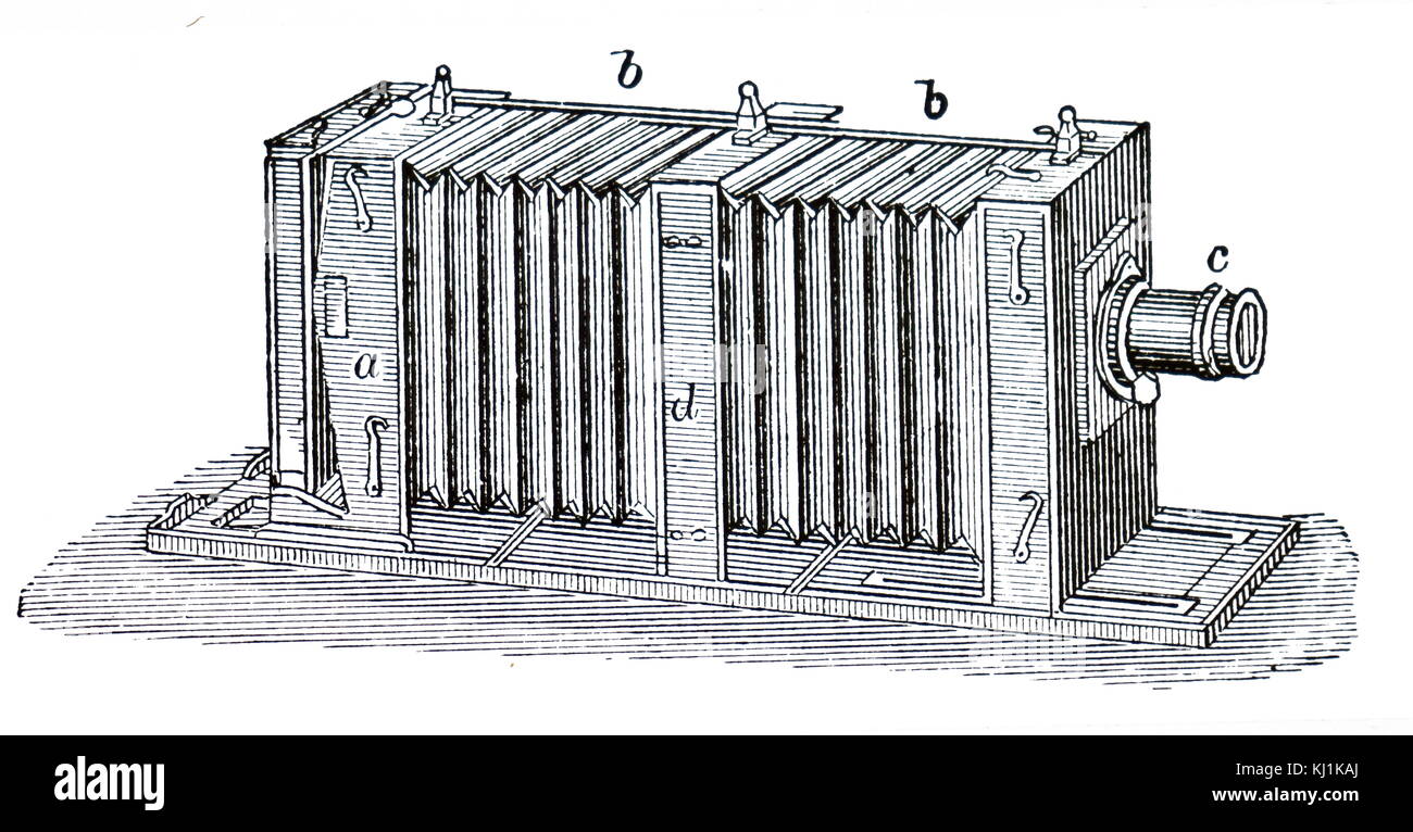Gravure représentant un appareil photo à soufflet. un soufflet est l'accordéon-like, plissées, extensible dans le cadre d'un appareil photo, habituellement une grande ou appareil moyen format, pour permettre à l'objectif d'être déplacé à l'égard de le plan focal pour la mise au point. En date du 19e siècle Banque D'Images