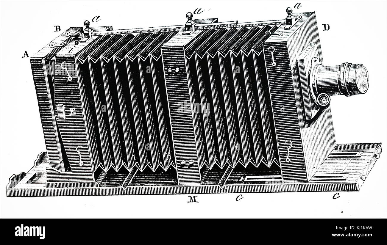 Gravure représentant un appareil photo à soufflet. un soufflet est l'accordéon-like, plissées, extensible dans le cadre d'un appareil photo, habituellement une grande ou appareil moyen format, pour permettre à l'objectif d'être déplacé à l'égard de le plan focal pour la mise au point. En date du 19e siècle Banque D'Images