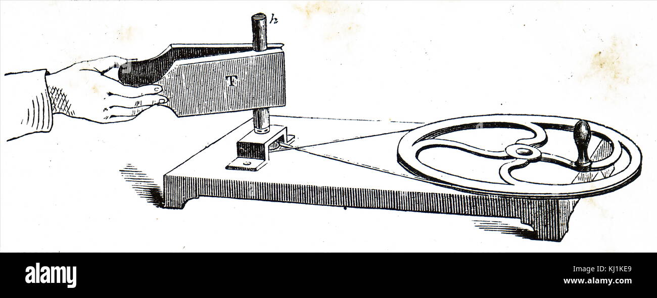 Gravure illustrant une expérience conçue par John Tyndall pour produire de la chaleur par friction. John Tyndall (1820-1893), un physicien irlandais. En date du 19e siècle Banque D'Images