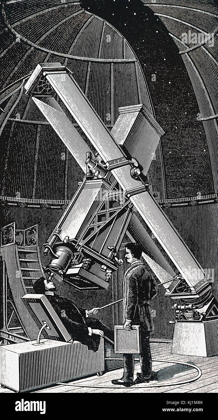 Gravure représentant le télescope photographique au sein de l'Observatoire de Paris. En date du 19e siècle Banque D'Images