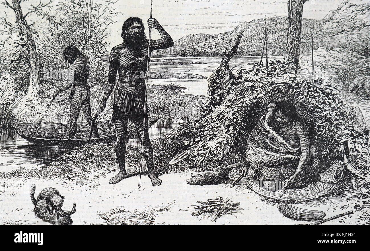 Gravure représentant des aborigènes australiens dans leur campement. En date du 19e siècle Banque D'Images