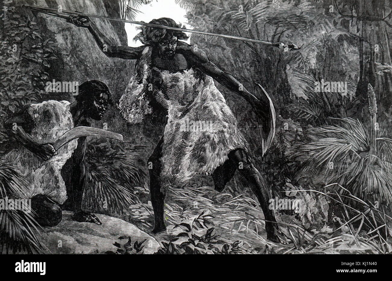 Gravure représentant des aborigènes australiens de la chasse avec un javelot lancé par un bâton de lancer et boomerang. En date du 19e siècle Banque D'Images