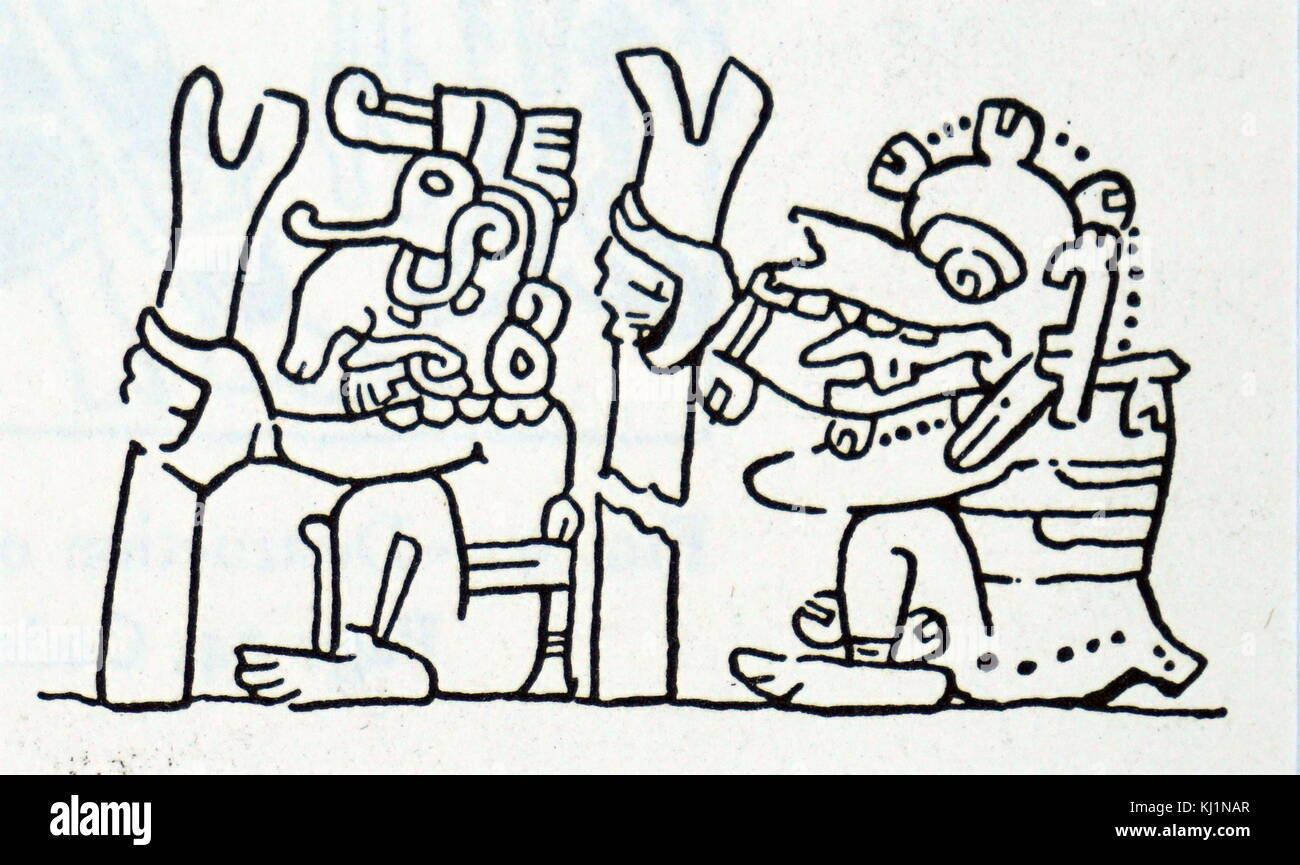 Gravure sur bois représentant Chaac, le Dieu de la pluie maya. En date du 15e siècle Photo Stock Gravure sur bois représentant Chaac, le Dieu de la pluie maya. En date du 15e siècle Photo Stock