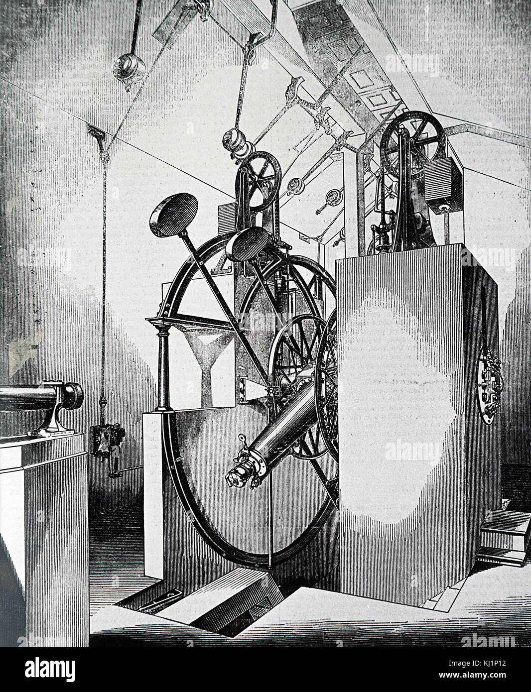 Gravure représentant un instrument de transport en commun, utilisé pour trouver les corps célestes traversant le méridien, dans un observatoire. En date du 19e siècle Banque D'Images