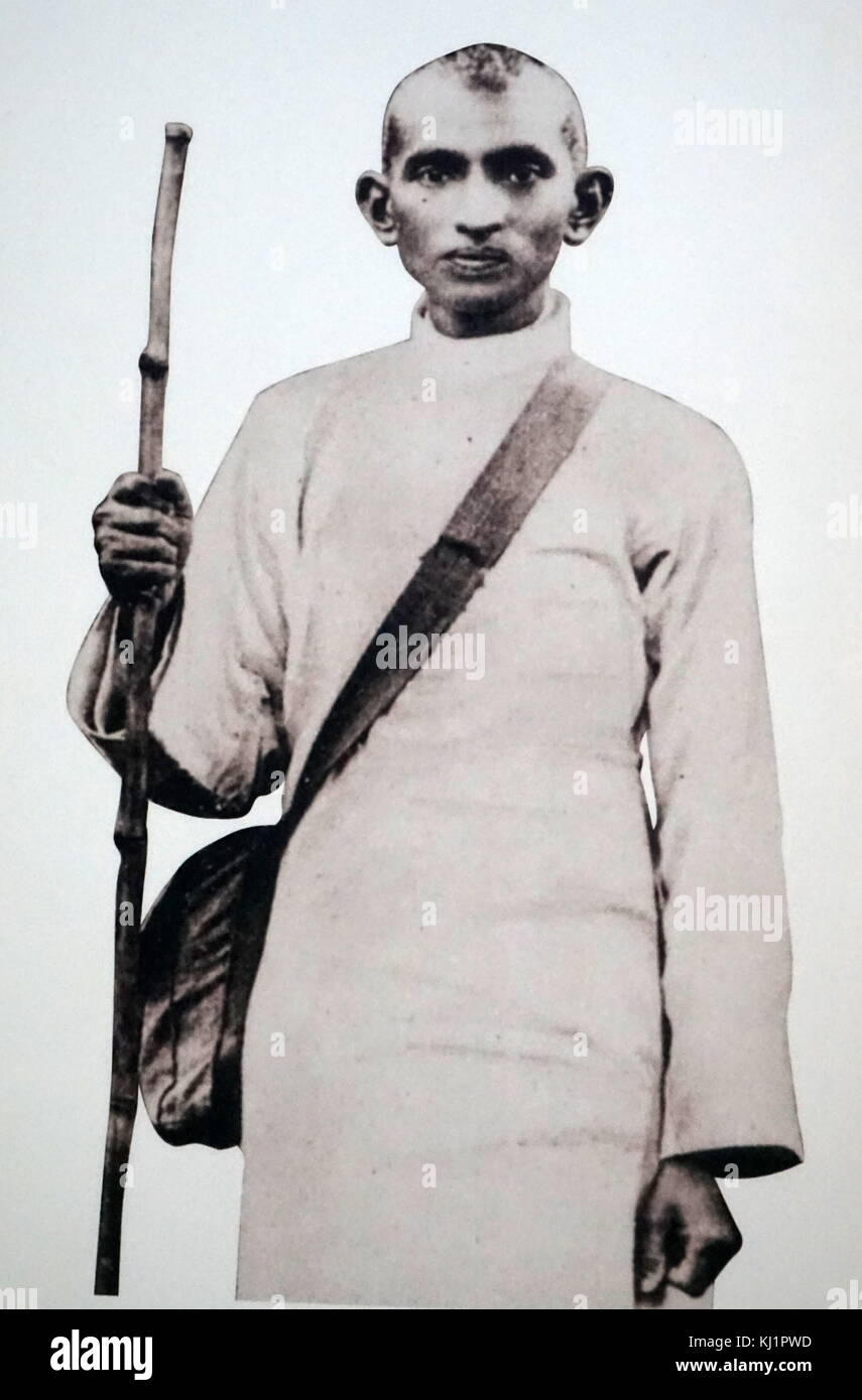 Les jeunes et l'avenir de Satyagraha Mahatma Gandhi avec un havresac et un bâton. L'Afrique du Sud, Mohandas Karamchand Gandhi 1869 - 1948), principal leader de l'indépendance de l'Inde en mouvement a décidé de l'Inde. Banque D'Images