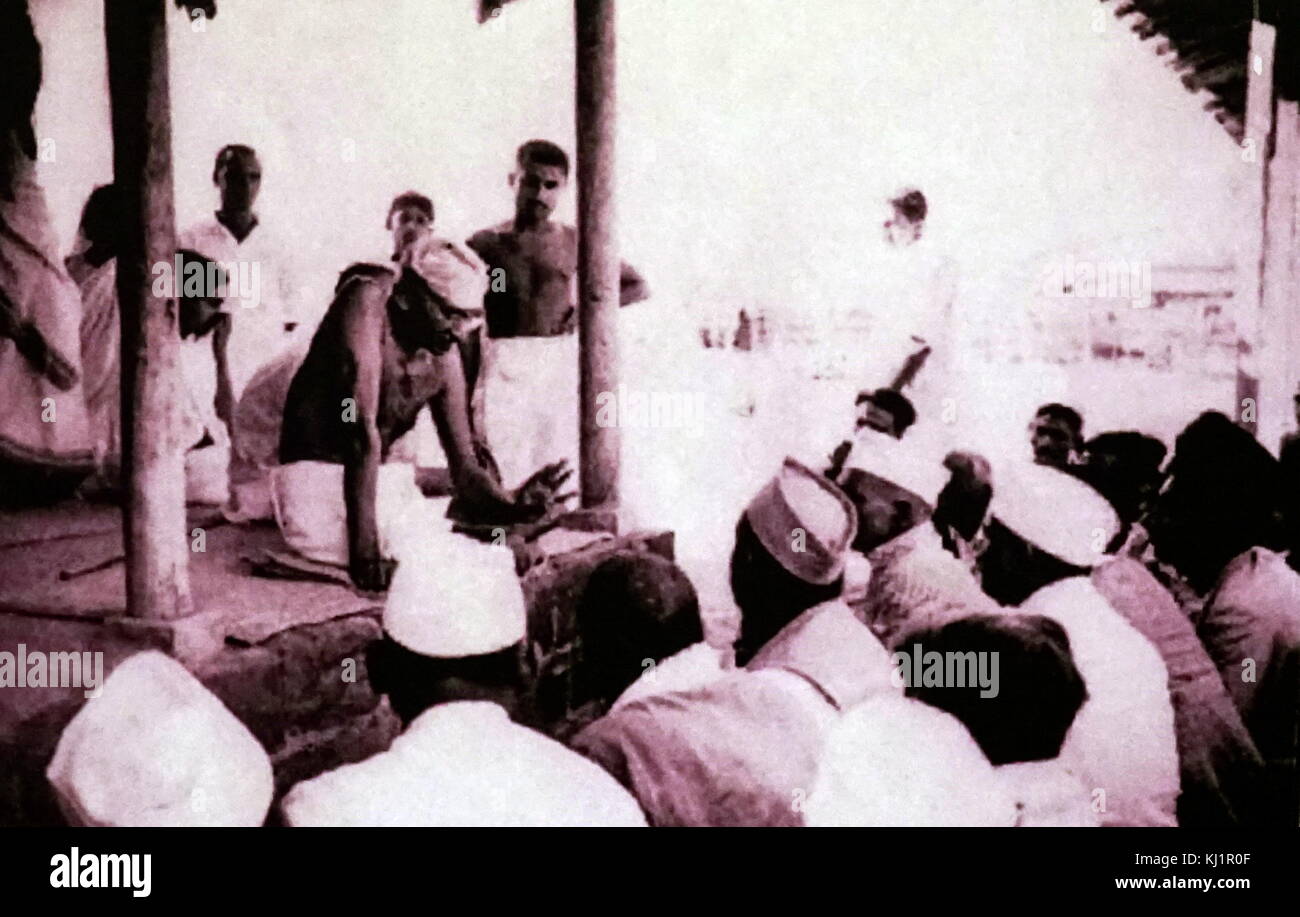 Mohandas Karamchand Gandhi 1869 - 1948) principal leader de l'indépendance de l'Inde en mouvement a décidé de l'Inde s'adressant à un rassemblement du parti du Congrès 1932. Banque D'Images