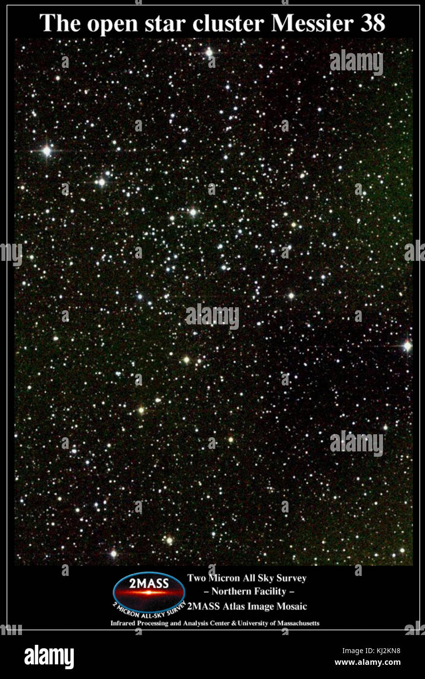 Messier 038, également connu sous le nom de M38, est un amas d'étoiles ouvert situé dans la constellation Auriga. Cette entrée du catalogue 2MASS met en évidence les caractéristiques du cluster, y compris ses étoiles et la nébuleuse environnante. Banque D'Images