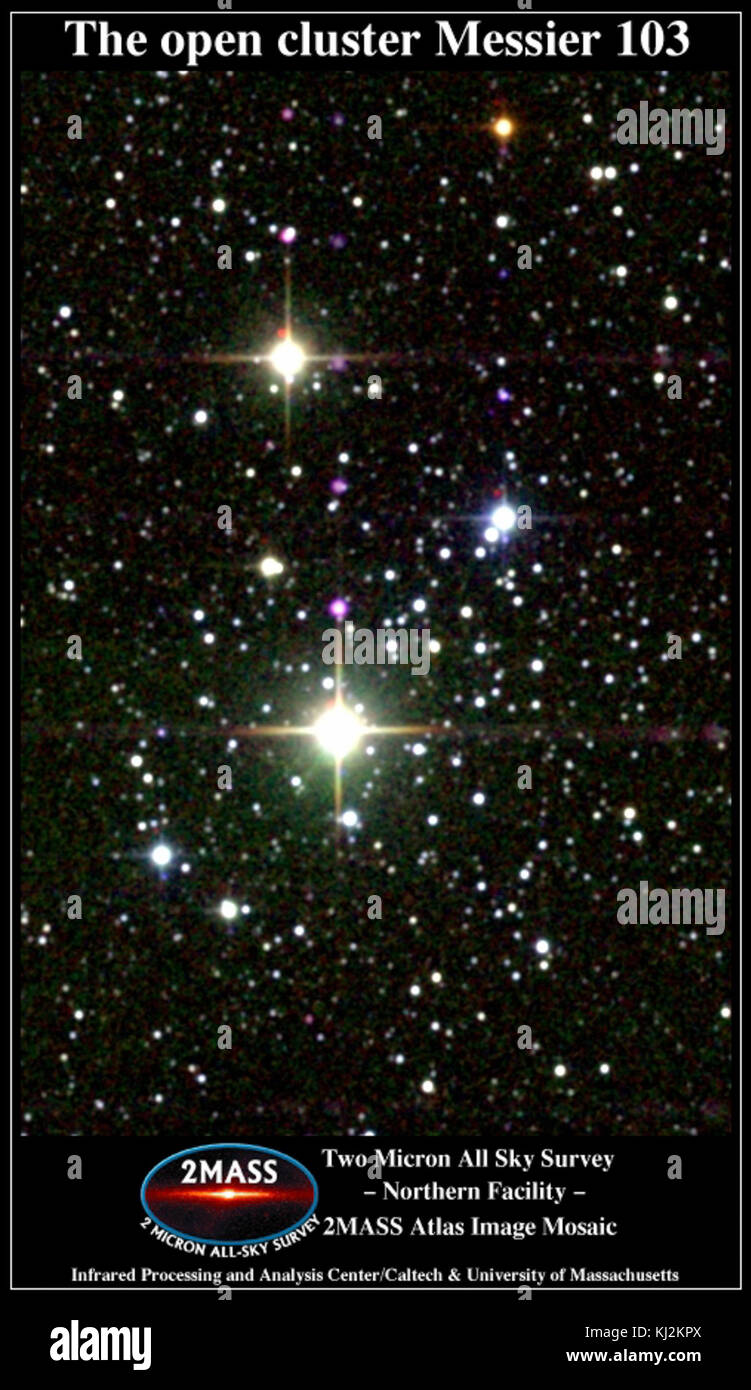 Messier 103 est un amas d'étoiles ouvert situé dans la constellation de Cassiopée. Cette image du 2MASS (Two Micron All Sky Survey) capture les étoiles de l'amas et leur distribution dans le ciel, offrant un aperçu de la formation et de la structure stellaires. Banque D'Images