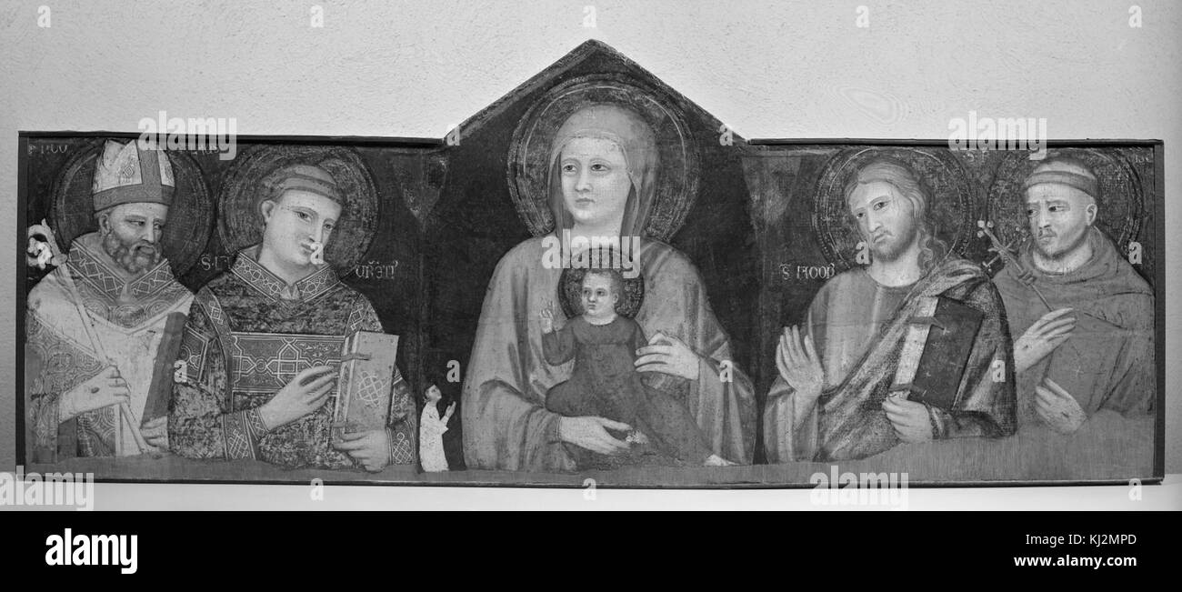 Cette œuvre de Pacino di Bonaguida représente la Vierge et l'enfant avec les saints, mettant en valeur des figures religieuses dans le moyen-âge La pièce se caractérise par son utilisation de couleurs vives et une iconographie détaillée, typique de la peinture italienne du XIVe siècle. Banque D'Images