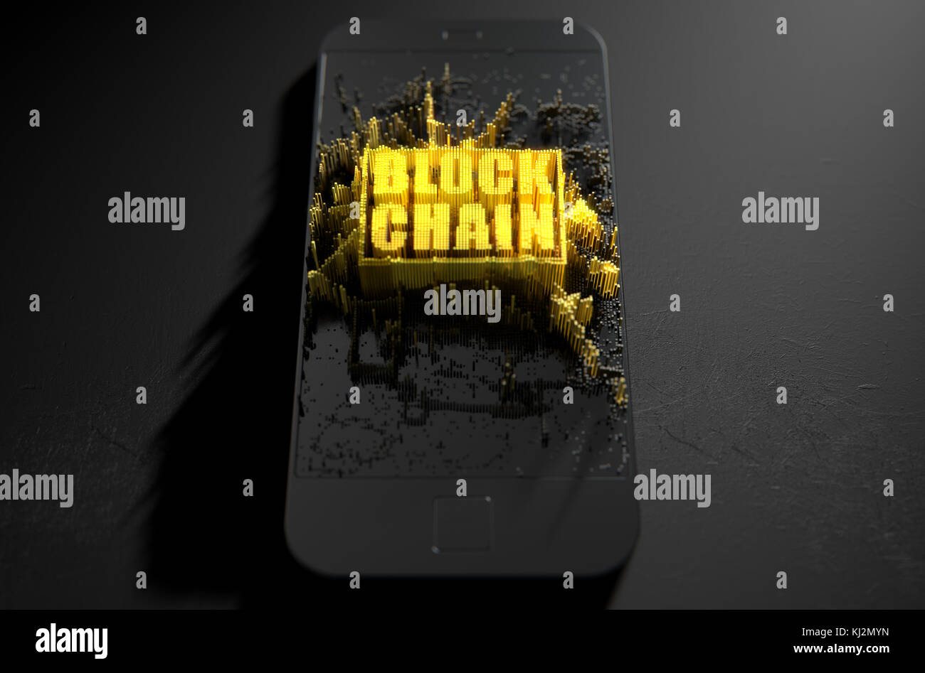 Un gros plan microscopique concept de petits cubes dans une mise en page aléatoire qui s'accumulent pour former les mots de la chaîne bloc illuminé sur un smartphone 3d générique - r Banque D'Images