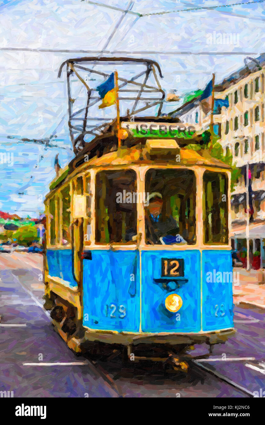 Une peinture numérique de l'un des tramways iconiques de Göteborg en Suède. Banque D'Images
