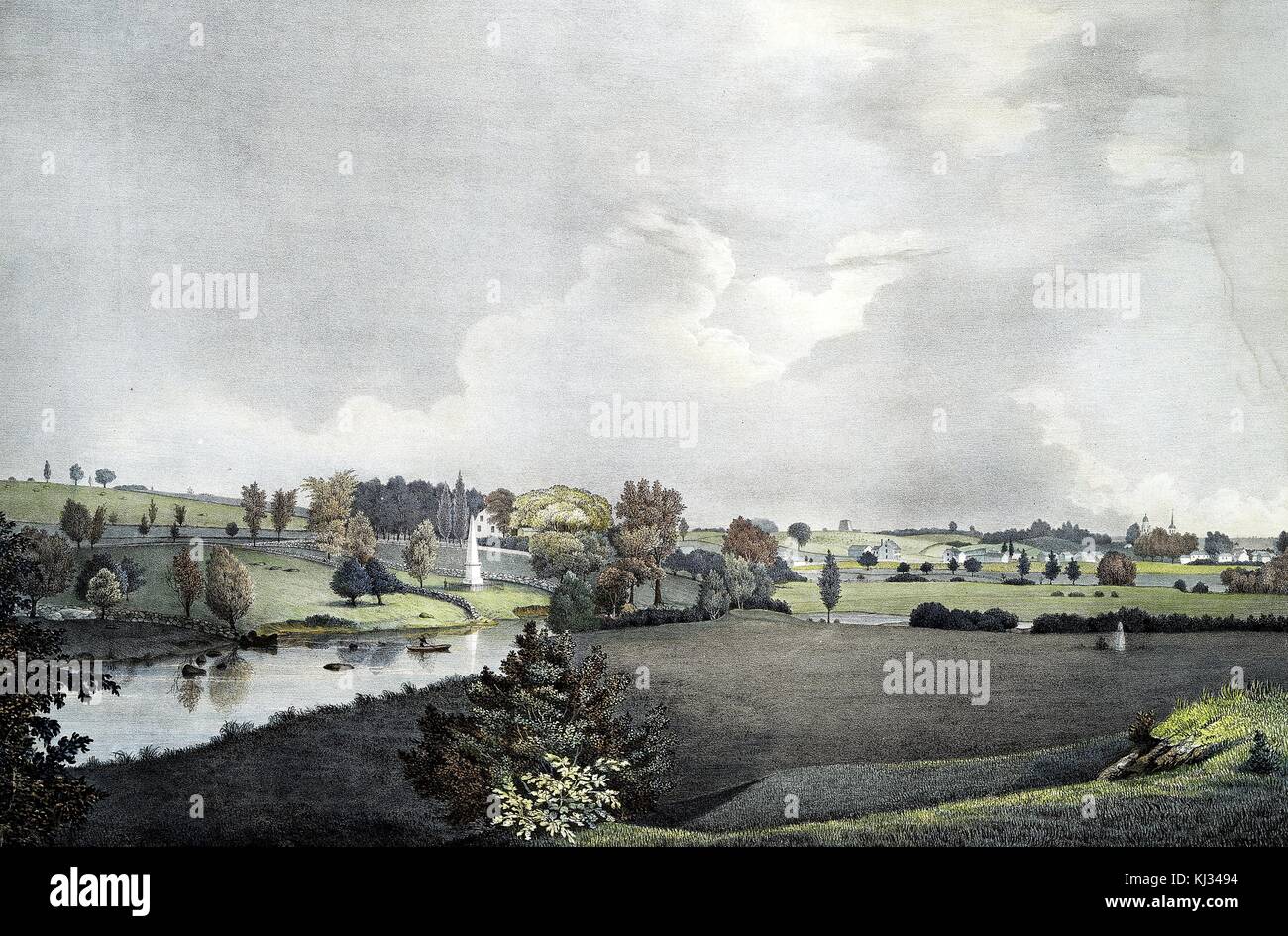 Une peinture de paysage du champ de bataille où l'une des batailles d'ouverture de la guerre d'indépendance américaine a été menée, une scène d'automne est représentée par une personne qui pêche sur les eaux calmes qui s'en couchent à travers la peinture, le paysage se compose de champs ouverts parsemés d'arbres dont les feuilles changent de couleurs, On peut voir des fermes dispersées à travers la campagne, Concord, Massachusetts, 1850. De la bibliothèque publique de New York. Banque D'Images