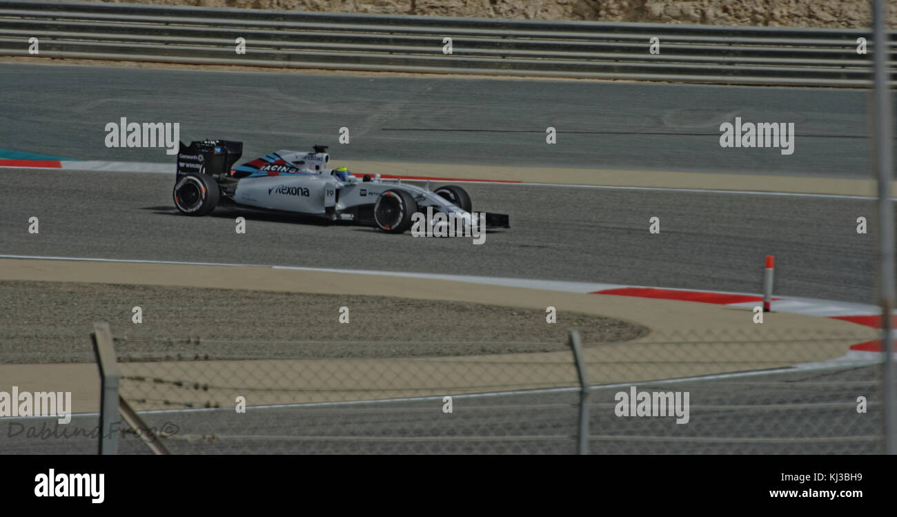 Felipe Massa en course dans le Grand Prix de Bahreïn de 2015, capturé dans un moment de grande vitesse, mettant en valeur ses compétences et la nature compétitive de la formule 1 dans le désert du moyen-Orient. Banque D'Images