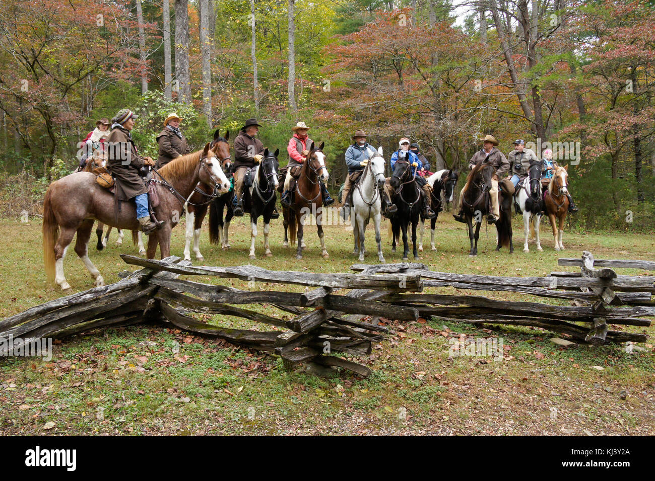 Trail Riders au milieu du feuillage d'automne, la Cades Cove, parc national des Great Smoky Mountains, New York Banque D'Images
