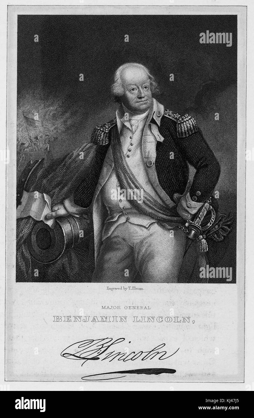 Portrait gravé trois quarts du général benjamin lincoln, officier de l'armée américaine qui a servi comme un général dans l'armée continentale durant la guerre d'indépendance américaine, il est connu pour être impliqué dans trois grands rachats au cours de la guerre, comité permanent en uniforme, tenant un morceau de papier, 1831. à partir de la bibliothèque publique de new york. Banque D'Images
