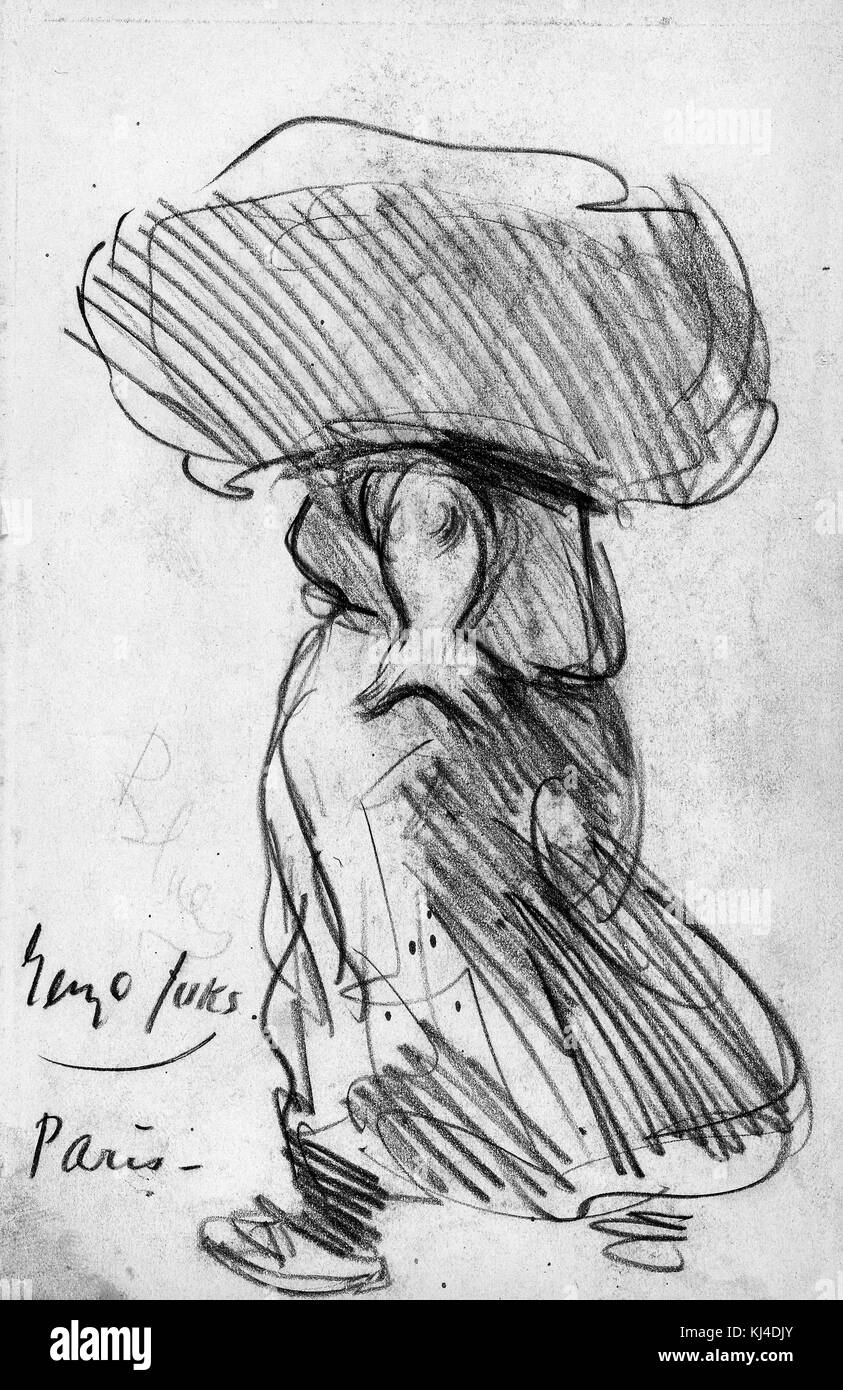 Dessin au crayon d'une femme portant un grand panier sur son épaule, qui couvre sa tête, inscrit Paris, France, 1903. à partir de la bibliothèque publique de new york. Banque D'Images